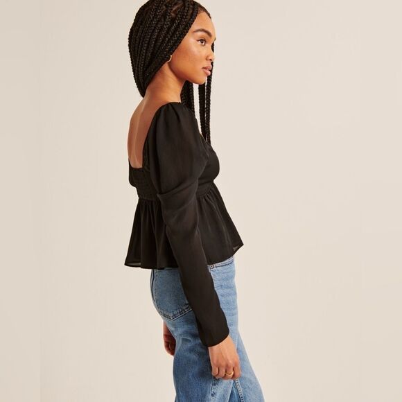 Abercrombie & Fitch Long-Sleeve Sheer Twist-Front Top size S Black - Picture 3 of 10